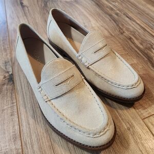 Vionic 7 Leather Shoes Cream Gold Shimmer Penny Loafer Comfort Shoes